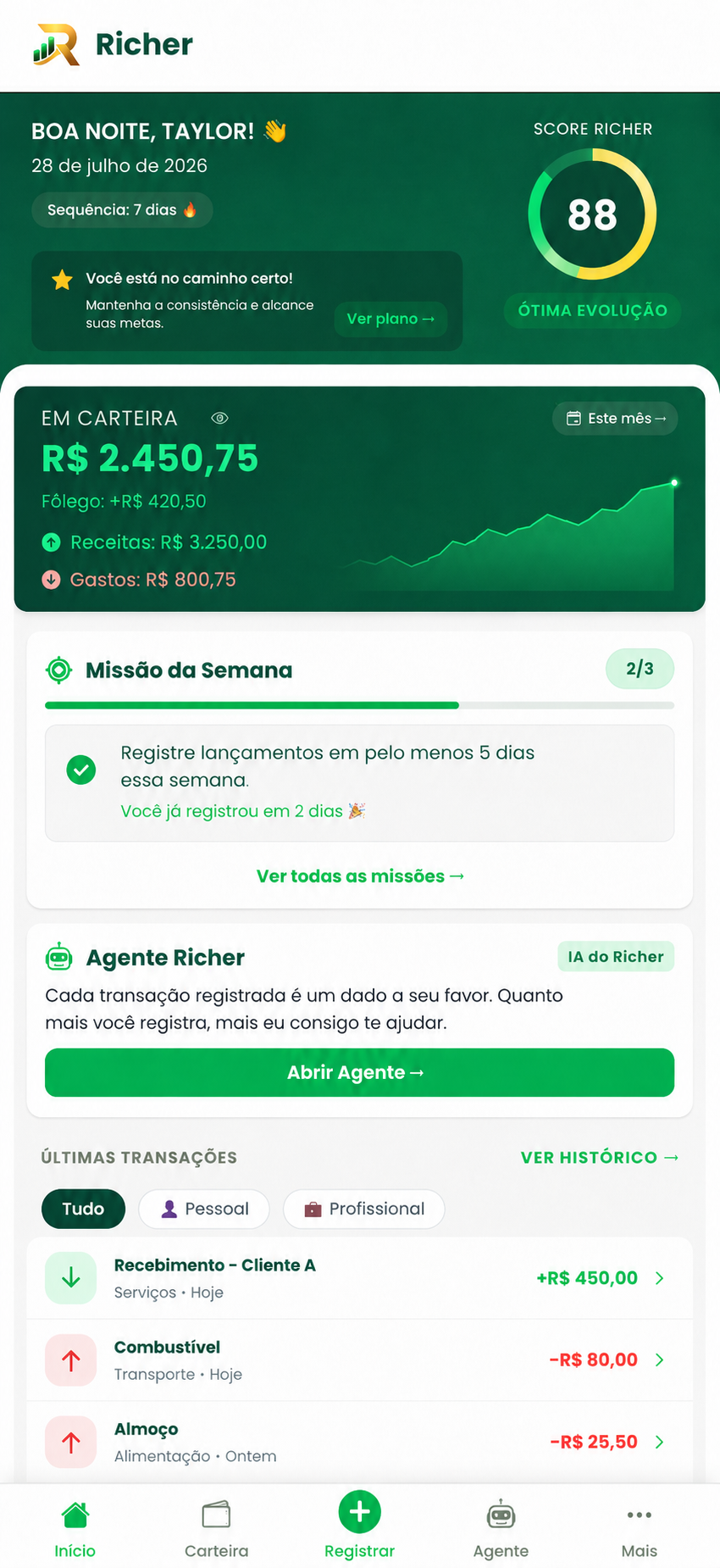 Tela Home do painel Richer